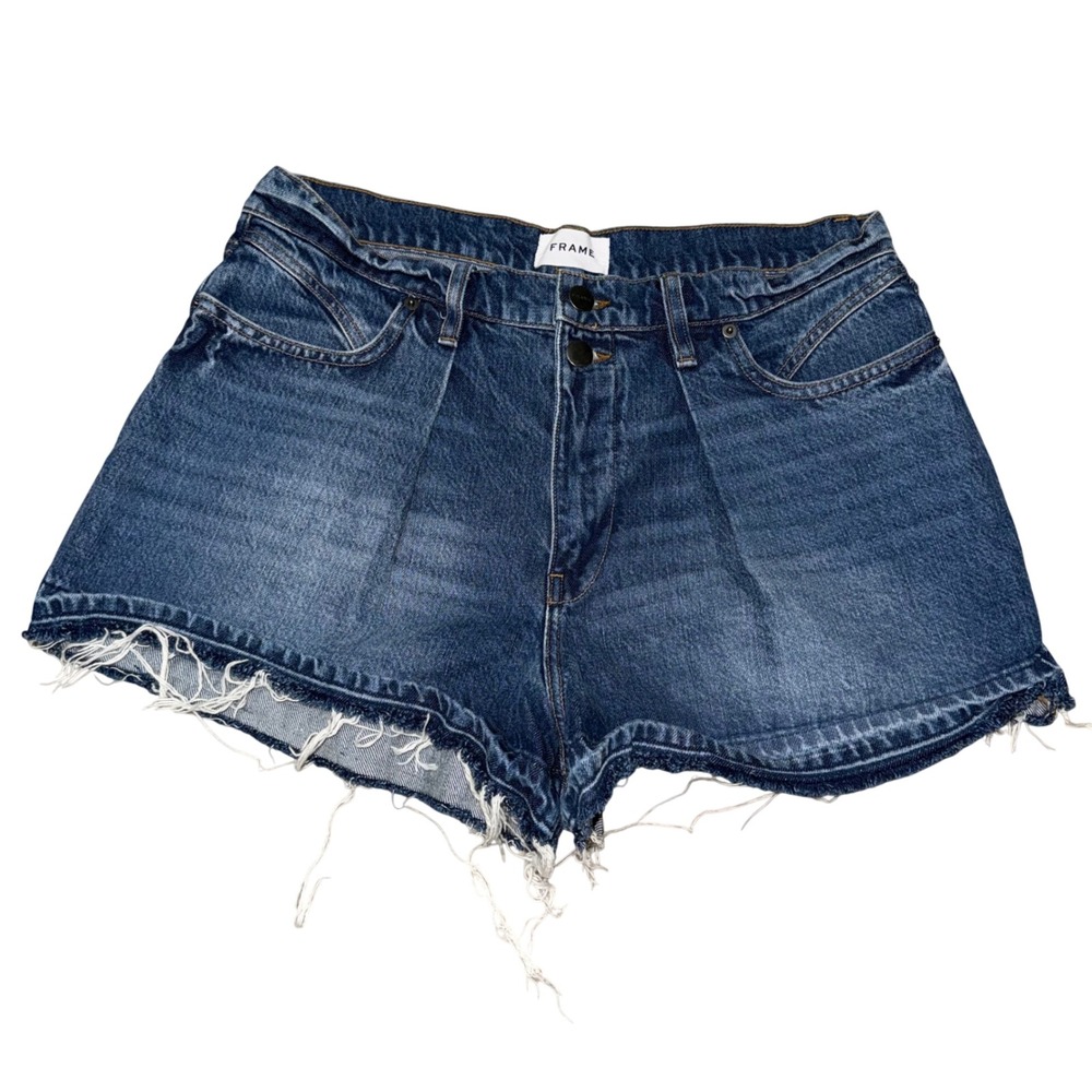 FRAME Mesa Denim Shorts Womens 32 Blue Excellent Raw Hem Double Button MFLSH385